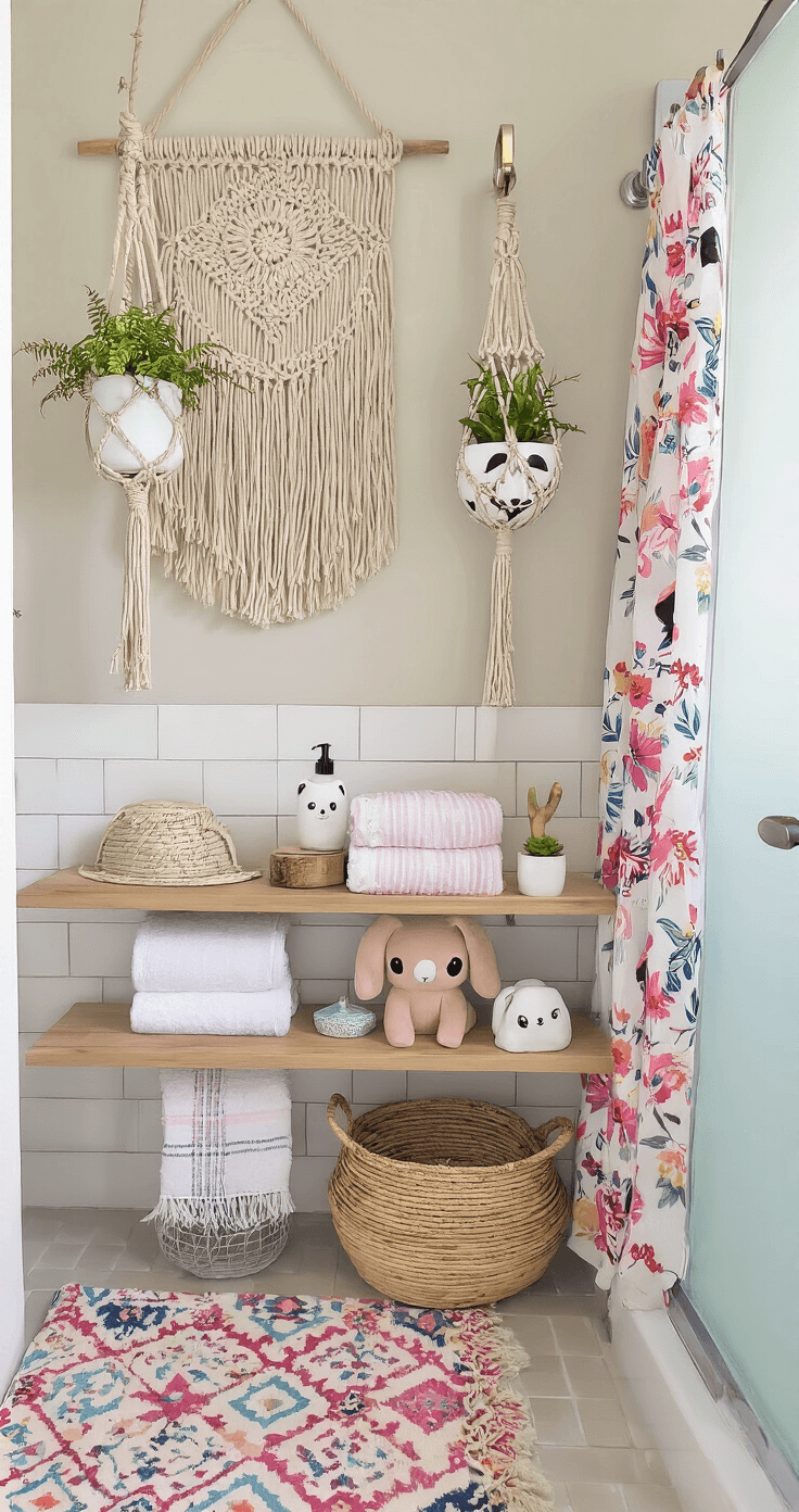 Stylish bathroom vignette with a mix of boho and kawaii elements, featuring textured wall hangings, macrame plant holders, and cute animal-themed accessories. The powder room boasts geometric rugs, floral shower curtains, and striped towels in pastels, all enhanced by natural wood accents and metallic accessories, captured from the doorway.