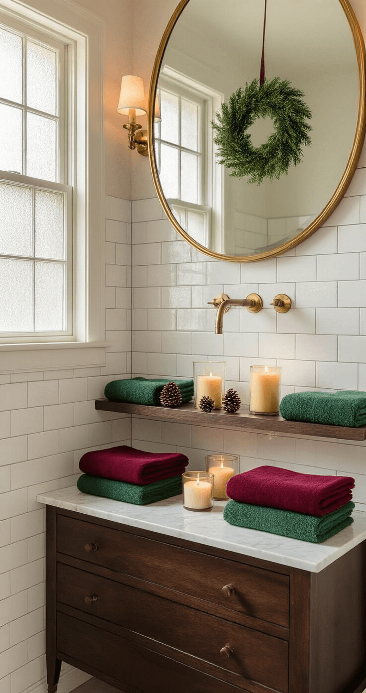 Magical Christmas Bathroom Decor: Transform Your Space in Under an Hour Photorealistic powder room interior featuring white subway tile walls, a dark wood vanity, and golden hour sunlight casting warm shadows through a frosted window. Luxurious deep red and forest green towels are neatly folded on floating shelves. An evergreen wreath hangs above an oval brass-framed mirror, while a marble countertop displays cinnamon-scented pillar candles and scattered miniature pine cones. Rich burgundy and emerald textiles contrast elegantly against the crisp white walls, with soft natural lighting enhanced by warm LED strips.