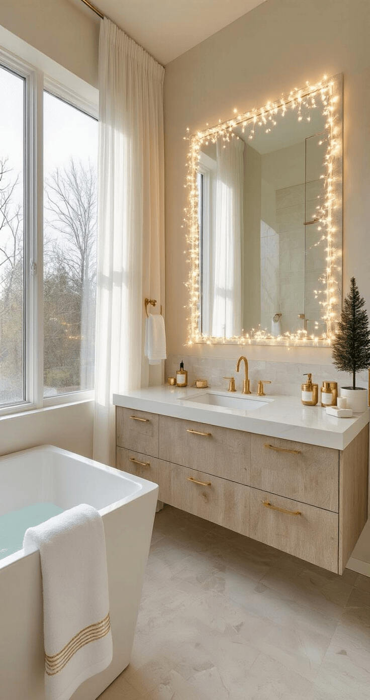 Magical Christmas Bathroom Decor: Transform Your Space in Under an Hour A modern master bathroom featuring a floating double vanity in weathered oak, illuminated by morning light through floor-to-ceiling windows and sheer curtains. The space showcases a white and gold color scheme with cream towels, gold-rimmed soap dispensers, and champagne-colored candles, complemented by polished quartz countertops and battery-operated fairy lights around a large mirror. A small Norfolk pine on the windowsill adds a natural touch to the bright and airy atmosphere.