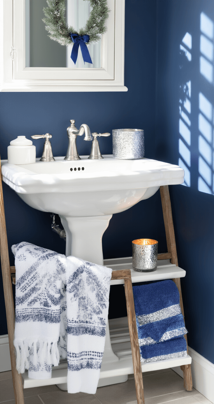 Magical Christmas Bathroom Decor: Transform Your Space in Under an Hour Compact guest bathroom featuring a navy blue accent wall and white pedestal sink, illuminated by late afternoon light creating dramatic shadows. The space is adorned with a navy and silver Christmas theme, showcasing metallic towels on a vintage ladder rack, a small silver wreath with a blue ribbon on the mirror, and white ceramic accessories with silver accents on a floating shelf. A pine-scented candle in a mercury glass holder serves as a focal point, with a close-up shot capturing the textured wall and smooth fixtures under moody, sophisticated lighting.