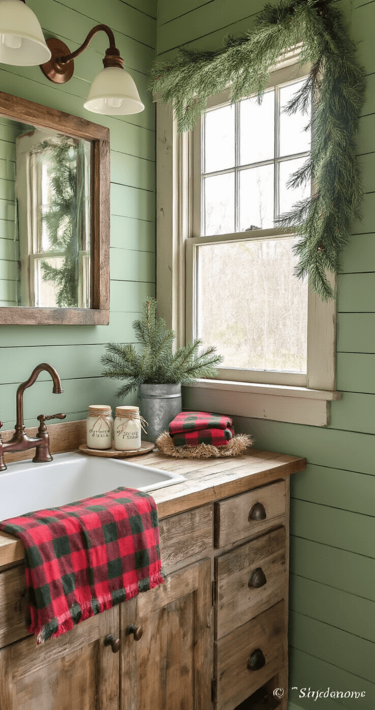 Magical Christmas Bathroom Decor: Transform Your Space in Under an Hour Rustic farmhouse bathroom with sage green shiplap walls and reclaimed wood vanity, featuring soft morning light through a vintage window, red and green buffalo plaid towels, mason jar soap dispensers, a burlap-wrapped evergreen arrangement, copper fixtures, galvanized metal accessories, and a vintage-style mirror, adorned with fresh pine garland for a cozy holiday atmosphere.