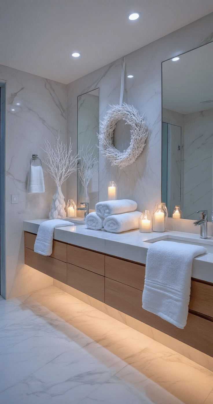 Magical Christmas Bathroom Decor: Transform Your Space in Under an Hour A contemporary spa bathroom featuring floor-to-ceiling marble tiles, a floating teak vanity, and serene twilight lighting. Monochromatic white and cream Christmas decor includes oversized fluffy towels, white ceramic trees, and geometric vanilla candle holders. A minimalist white branch wreath hangs above the mirrors, while heated floors and subtle under-cabinet lighting enhance the luxurious atmosphere. The low-angle shot emphasizes the ceiling height and architectural details, creating a zen-like holiday sanctuary.