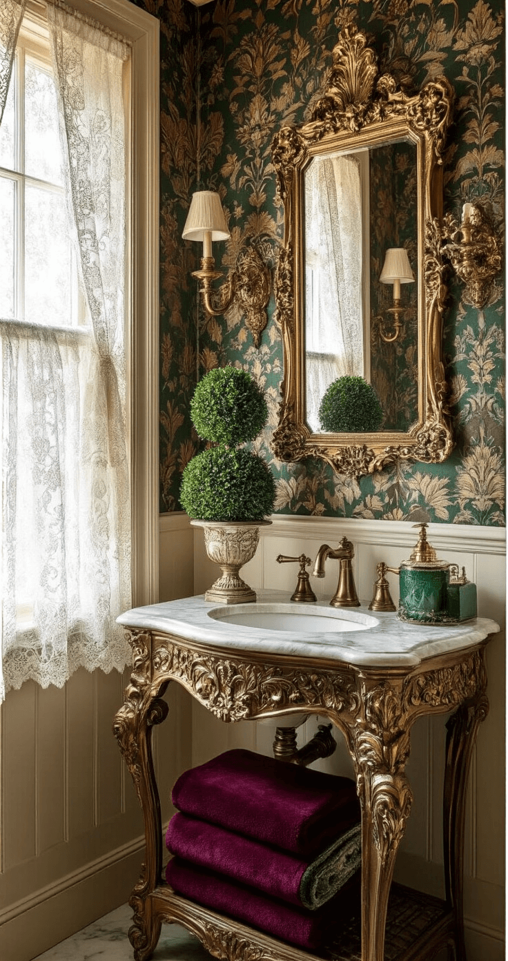Magical Christmas Bathroom Decor: Transform Your Space in Under an Hour A Victorian-style powder room adorned with ornate wallpaper and antique brass fixtures, featuring deep burgundy velvet towels and emerald green accessories. Afternoon light filters through lace curtains, creating romantic shadows. A crystal soap dispenser and ornate gold-framed mirror enhance the vintage glamour, while a small topiary in a decorative urn and a marble-topped console complete the luxurious vignette, all highlighted by warm, intimate lighting.