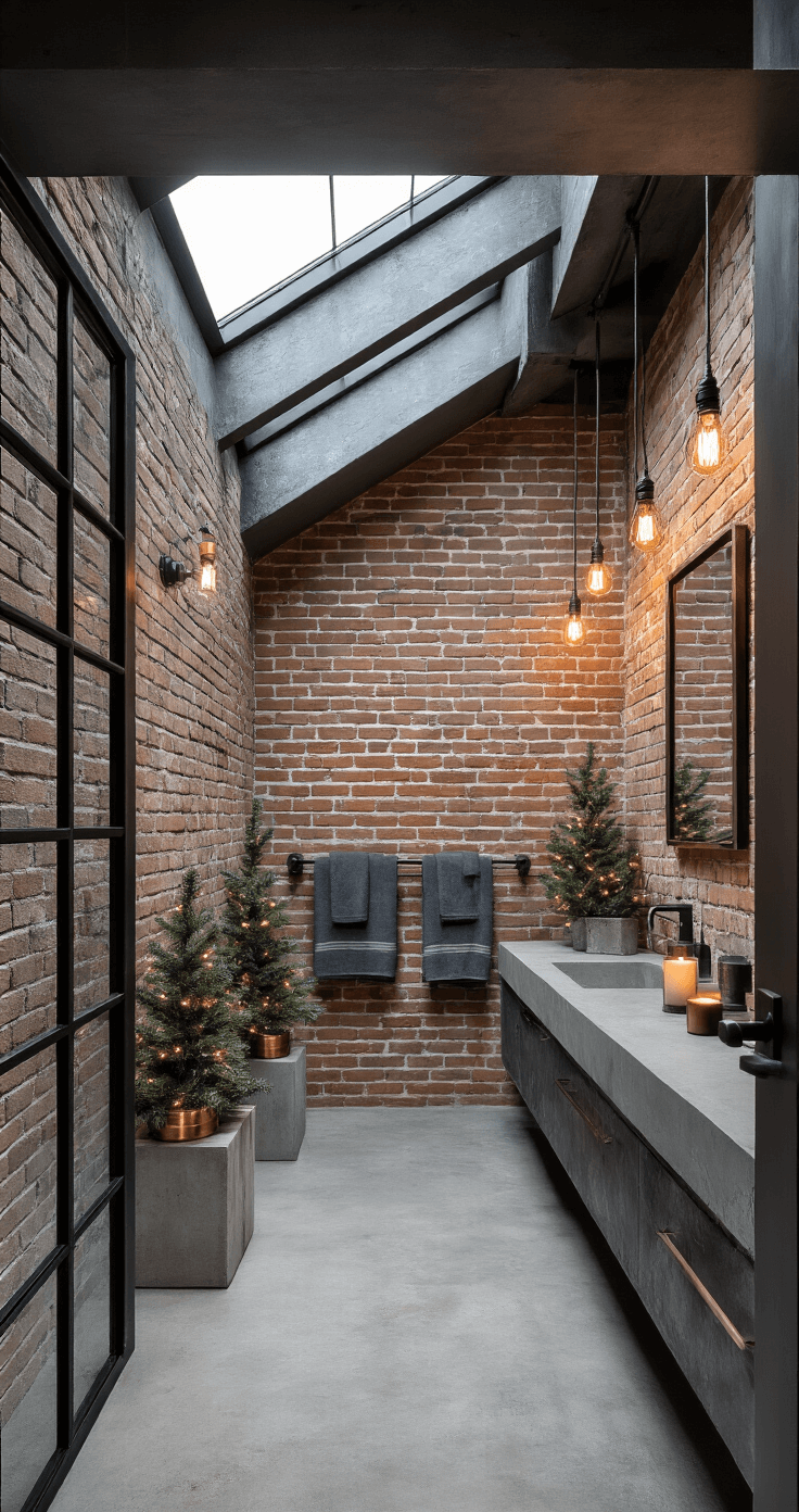 Magical Christmas Bathroom Decor: Transform Your Space in Under an Hour A modern industrial bathroom features exposed brick walls and black metal fixtures, illuminated by natural light from skylights. Urban Christmas decor includes charcoal gray towels with copper accents, metal container candles, and evergreen branches in concrete vessels. Edison bulb string lights add warmth, while concrete countertops and a steel-framed mirror enhance the industrial aesthetic. The image is a wide shot from the doorway, showcasing a sophisticated and carefully restrained holiday atmosphere.