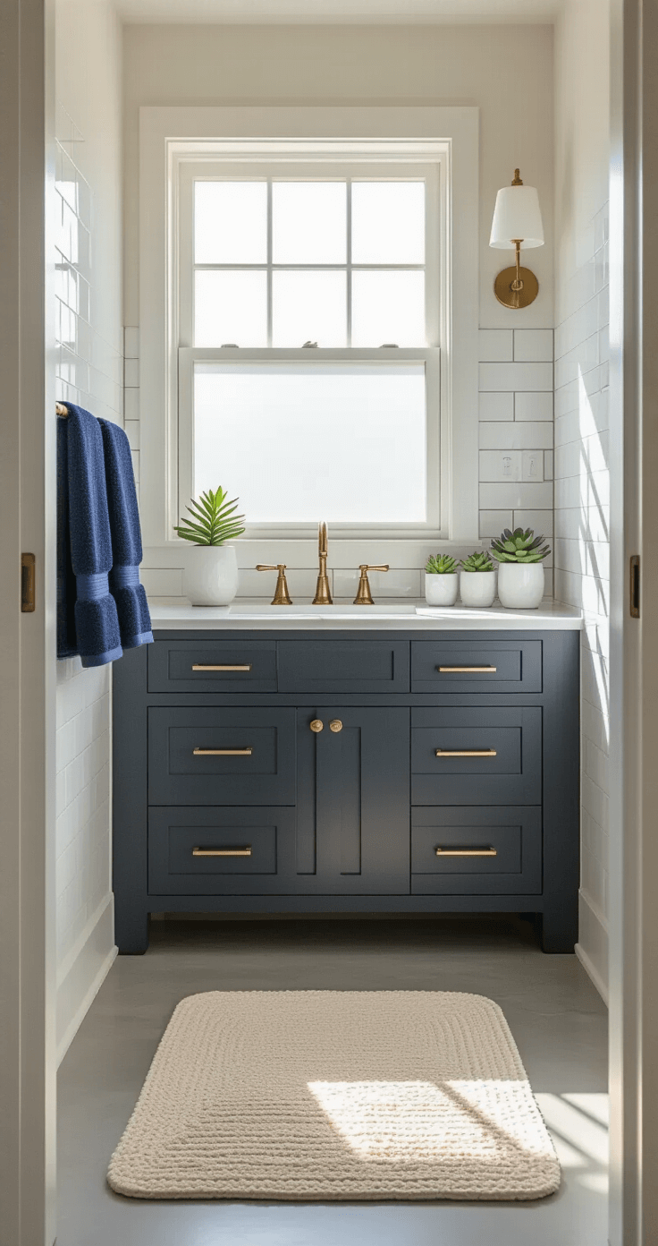 Bathroom Decor Inspiration: Transform Your Space with Style and Personality Photorealistic bathroom interior in a neutral color palette with soft morning light. Features include white subway tiles, charcoal gray vanity with marble countertop, brass fixtures, navy blue towels, and succulents on the windowsill. A cream woven bath mat lies on polished concrete floors, captured from a doorway angle with gentle shadows for a serene atmosphere.
