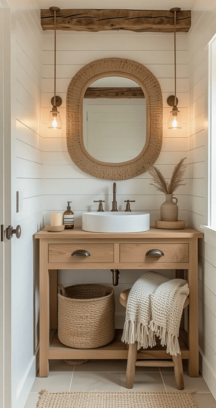 Bathroom Decor Inspiration: Transform Your Space with Style and Personality Intimate bathroom scene with natural oak floating vanity, white shiplap walls, and vessel sink under warm candlelight, featuring jute rope mirror, chunky knit throw, woven seagrass baskets, and a wood beam ceiling. Soft ambient lighting creates a cozy, spa-like atmosphere.