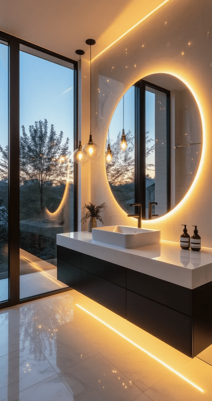 Bathroom Decor Inspiration: Transform Your Space with Style and Personality Contemporary bathroom interior with strategic lighting during golden hour, featuring floor-to-ceiling windows, white quartz countertop, matte black fixtures, warm LED strip lighting, pendant lights, oversized mirror, fairy lights, and polished chrome accents, creating a sophisticated ambiance.