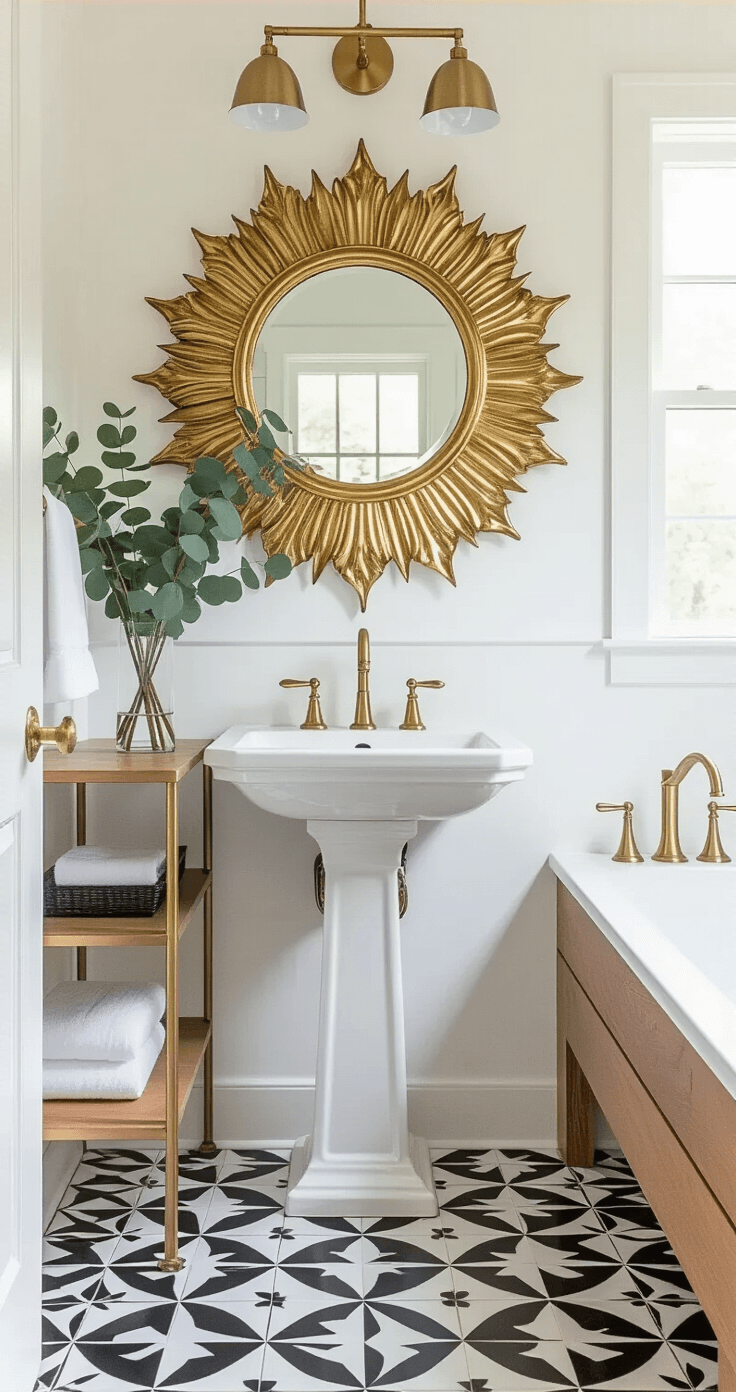 Bathroom Decor Inspiration: Transform Your Space with Style and Personality A medium bathroom featuring an ornate gold sunburst mirror above a pedestal sink, illuminated by bright midday light. The geometric black and white floor tiles complement floating wooden shelves with curated accessories, while fresh eucalyptus branches in tall glass vases add greenery. Brass towel hooks and light fixtures echo the mirror's metallic finish, creating a glamorous and timeless atmosphere.