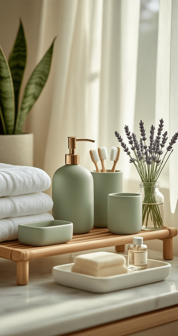 Bathroom Decor Inspiration: Transform Your Space with Style and Personality A serene bathroom scene showcasing a carefully arranged vanity with sage green ceramic accessories, neatly folded white towels on a bamboo ladder, and organic decor elements like a snake plant and lavender in glass jars, illuminated by soft afternoon light.