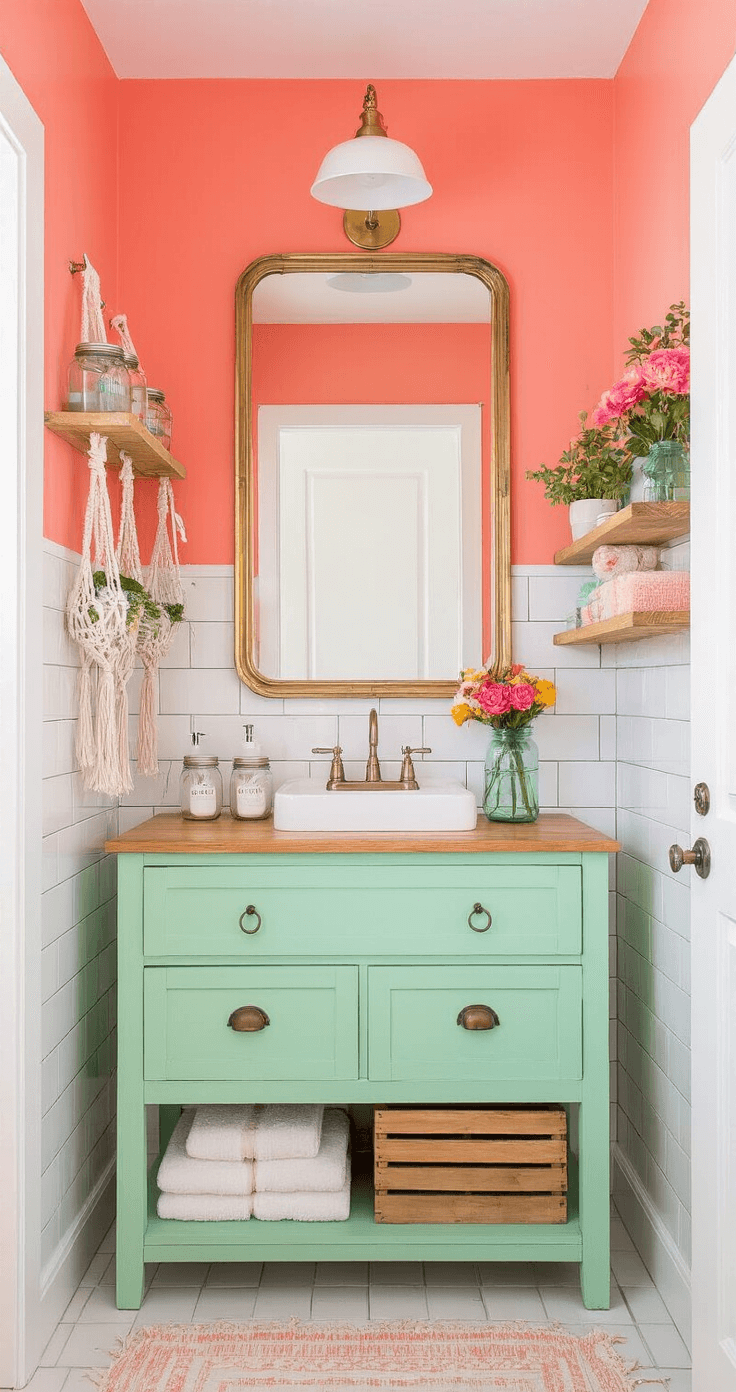 Bathroom Decor Inspiration: Transform Your Space with Style and Personality Budget-friendly transformed bathroom with mint green vanity, mason jar soap dispensers, macrame plant hangers, vintage wooden crate for towels, coral accent wall, fresh flowers in glass bottles, thrifted brass mirror, and DIY floating shelves, all illuminated by bright morning light.