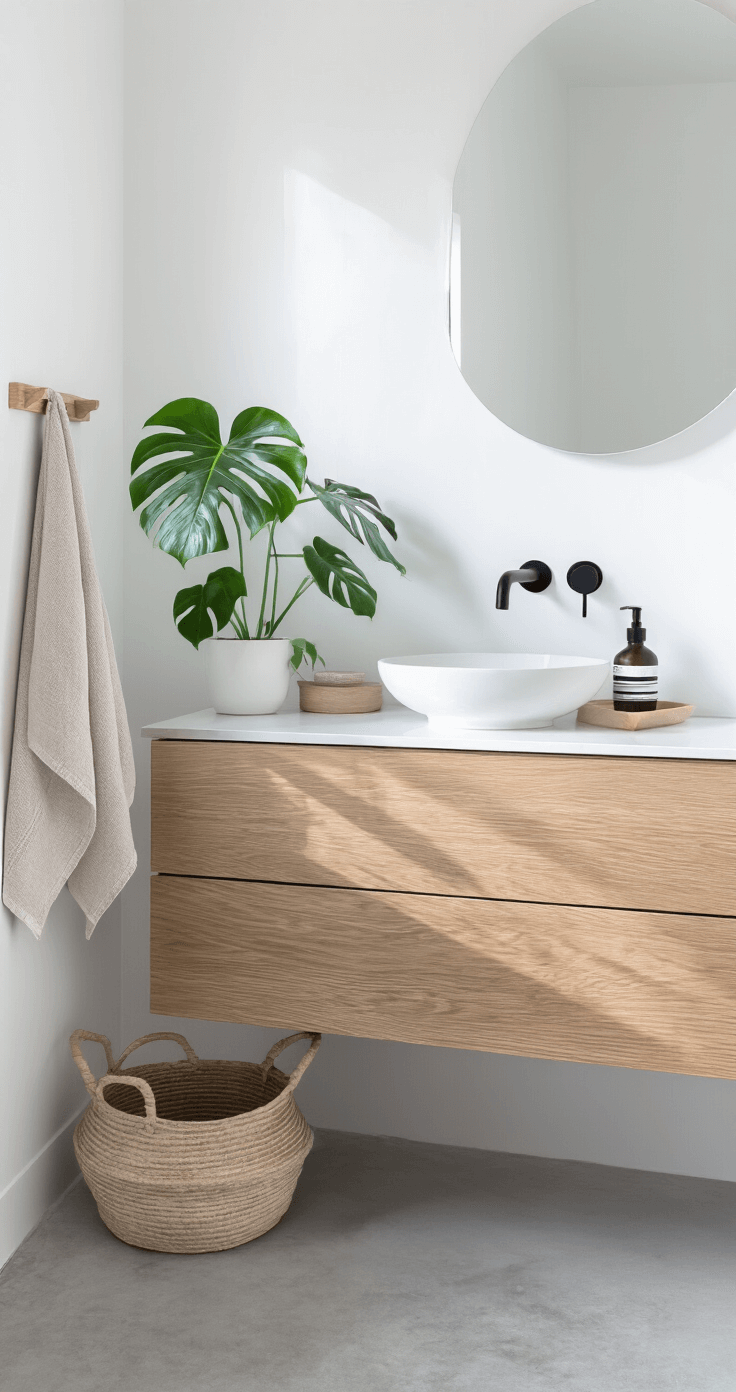 Bathroom Decor Inspiration: Transform Your Space with Style and Personality Minimalist Scandinavian-inspired bathroom with white oak vanity, vessel sink, and black matte fixtures; features a green monstera plant, linen towels on wooden pegs, concrete floors, and white walls, all illuminated by cool Nordic morning light.