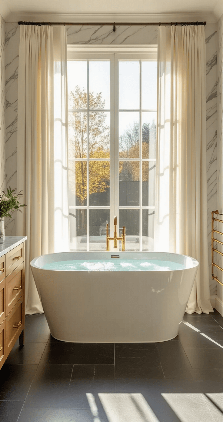 Photorealistic luxury bathroom with a white freestanding soaking tub under a large window, featuring polished Carrara marble walls, warm honey oak vanity, black fixtures, and charcoal slate flooring, illuminated by soft morning light.