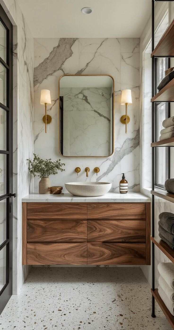Sophisticated bathroom interior featuring a luxurious combination of floor-to-ceiling Calacatta marble, a walnut floating vanity, polished brass fixtures, and a rough-hewn stone vessel sink, all set in a warm color palette with soft directional lighting.