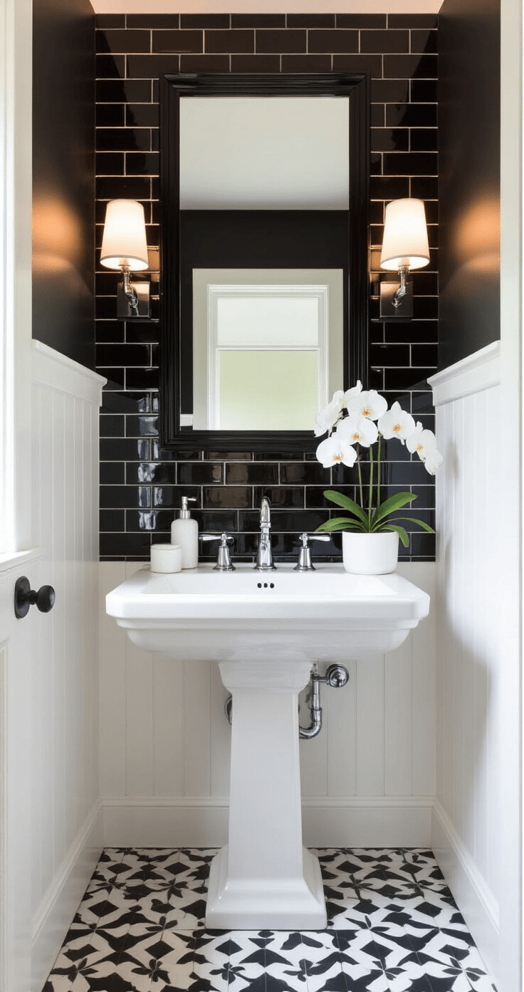 Elegant monochromatic bathroom featuring glossy black subway tiles, a white pedestal sink with chrome fixtures, geometric black and white penny tile flooring, and a striking black-framed mirror, illuminated softly by LED lighting and warm sconces, creating a sophisticated contrast in a compact space.