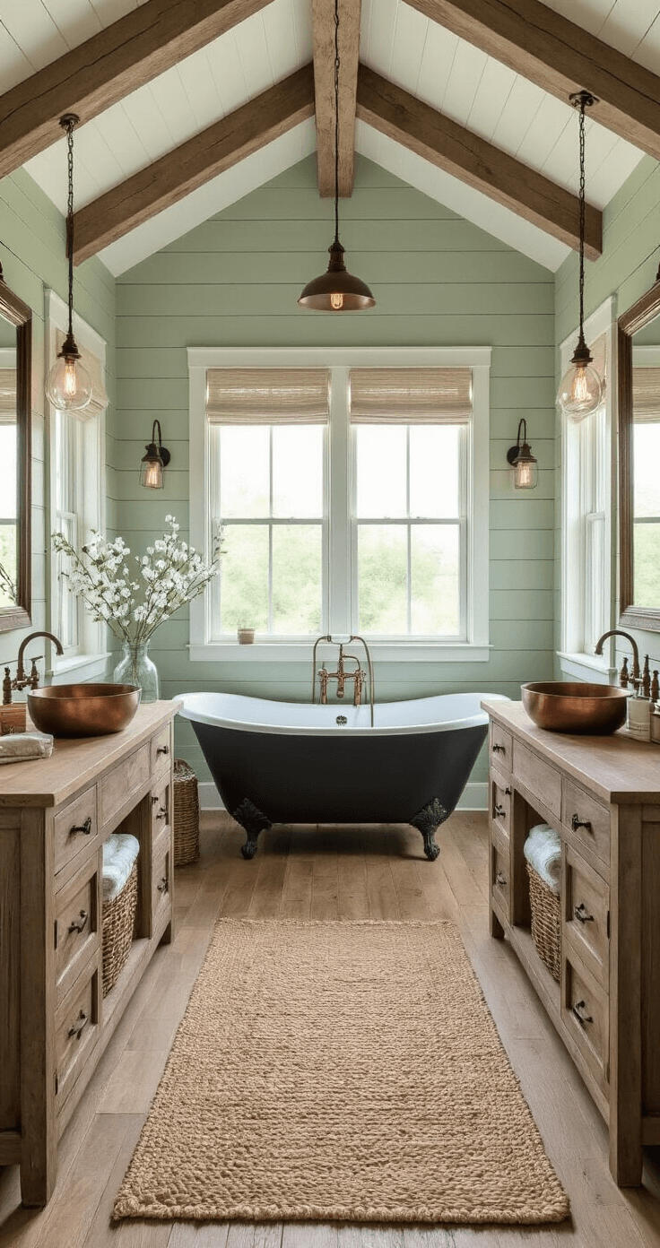 Warm and inviting modern farmhouse bathroom featuring a clawfoot tub on reclaimed oak flooring, shiplap accent wall in sage green, and vintage brass fixtures, illuminated by soft evening light.