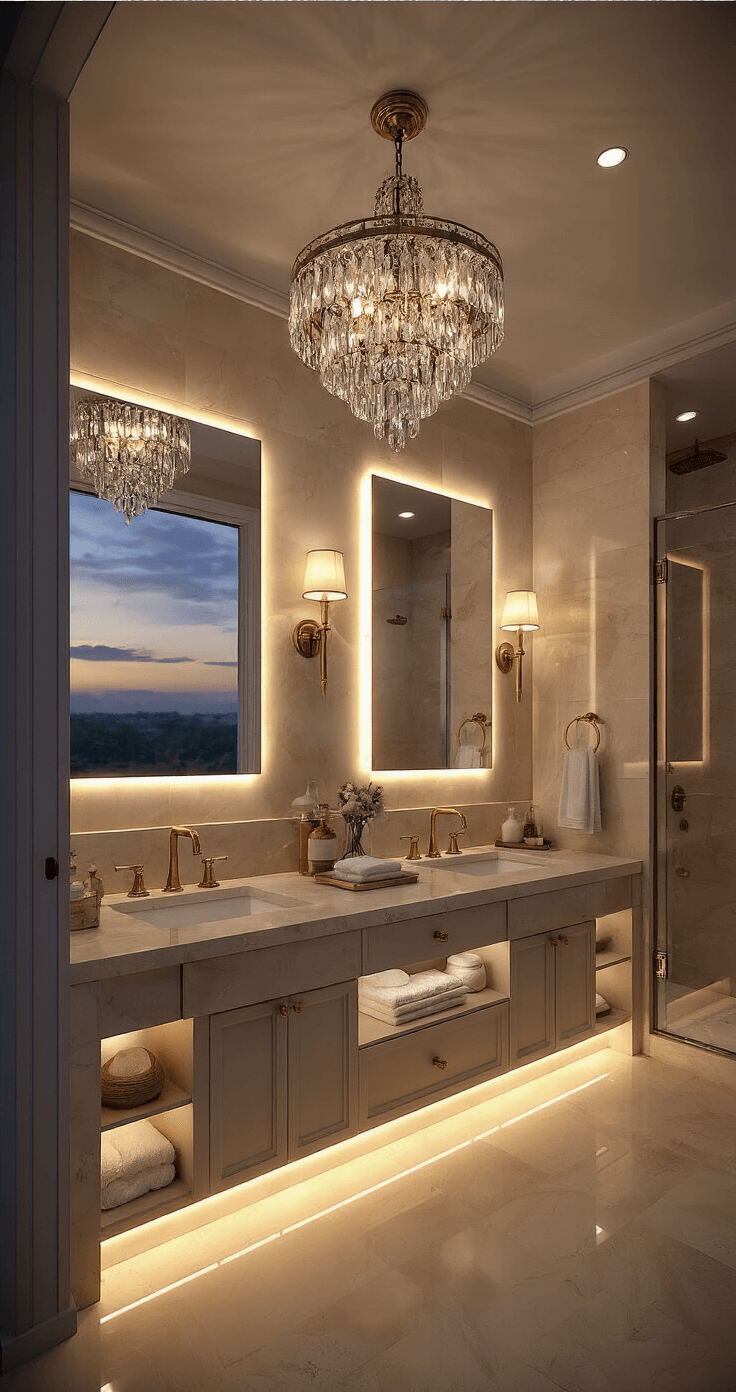 Luxurious master bathroom illuminated during twilight, featuring a crystal chandelier, marble double vanity with backlit mirrors, warm LED strip lighting, brass wall sconces, and a glass-enclosed shower with champagne bronze fixtures, all set against cream travertine and white Thassos marble accents.