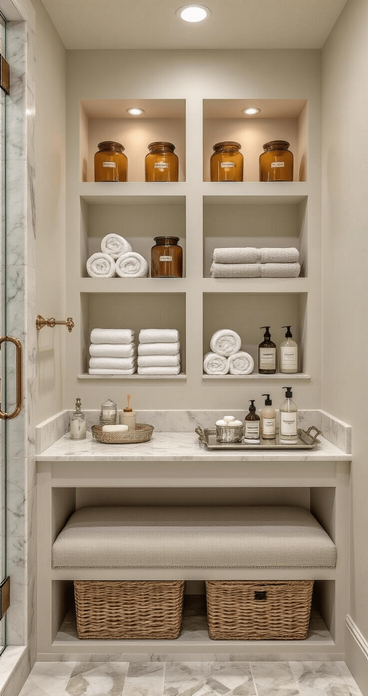 Sophisticated ensuite bathroom featuring amber glass apothecary jars, Turkish cotton towels, and brass hardware, with a marble-topped console and luxe skincare products, all bathed in warm morning light.