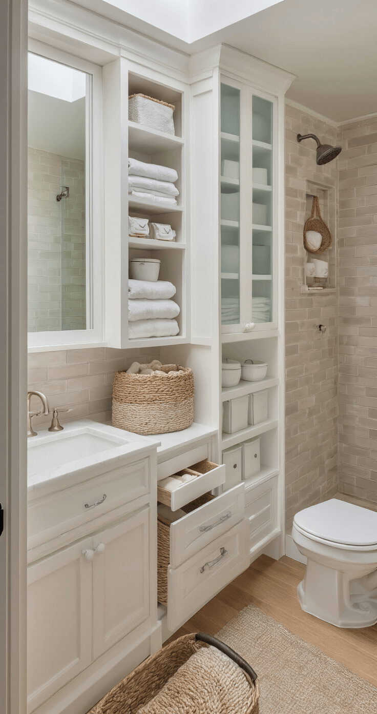 Ingenious bathroom storage design in a narrow 6x10 foot layout featuring custom white oak millwork, recessed medicine cabinets, floating vanity with pull-out drawers, vertical tower storage, and organized tiled shower niche. The space utilizes natural light from a skylight, showcasing woven baskets and open shelving with towels and decor against a palette of whites and warm wood tones.