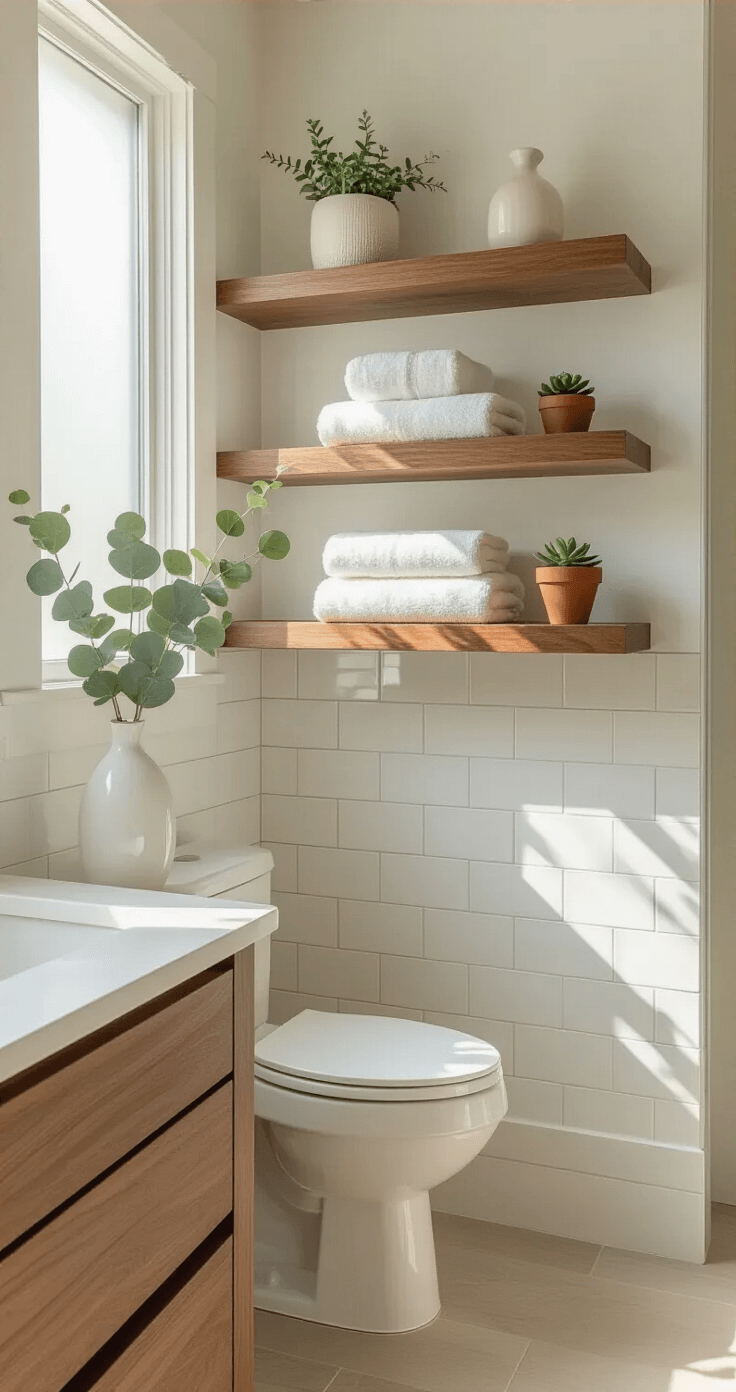 Cinematic wide shot of a modern bathroom featuring floating wooden shelves above a white toilet, bathed in morning light through a frosted glass window, with soft shadows and a serene spa-like atmosphere.