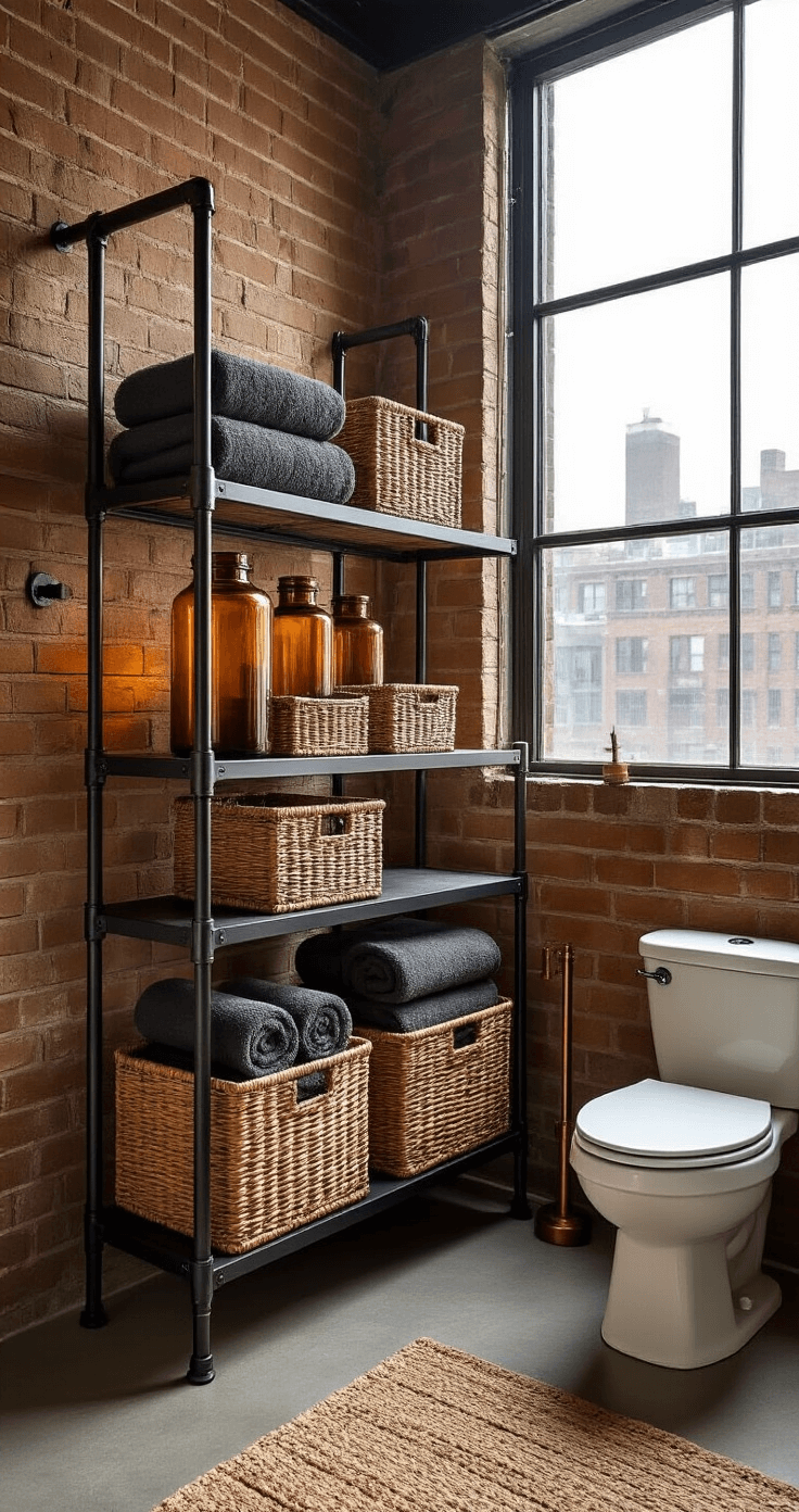 Close-up of an industrial metal ladder shelving unit over a toilet in an urban loft bathroom, featuring woven seagrass baskets and vintage amber glass jars, illuminated by golden hour light through a large window, with an exposed brick wall and concrete floors.