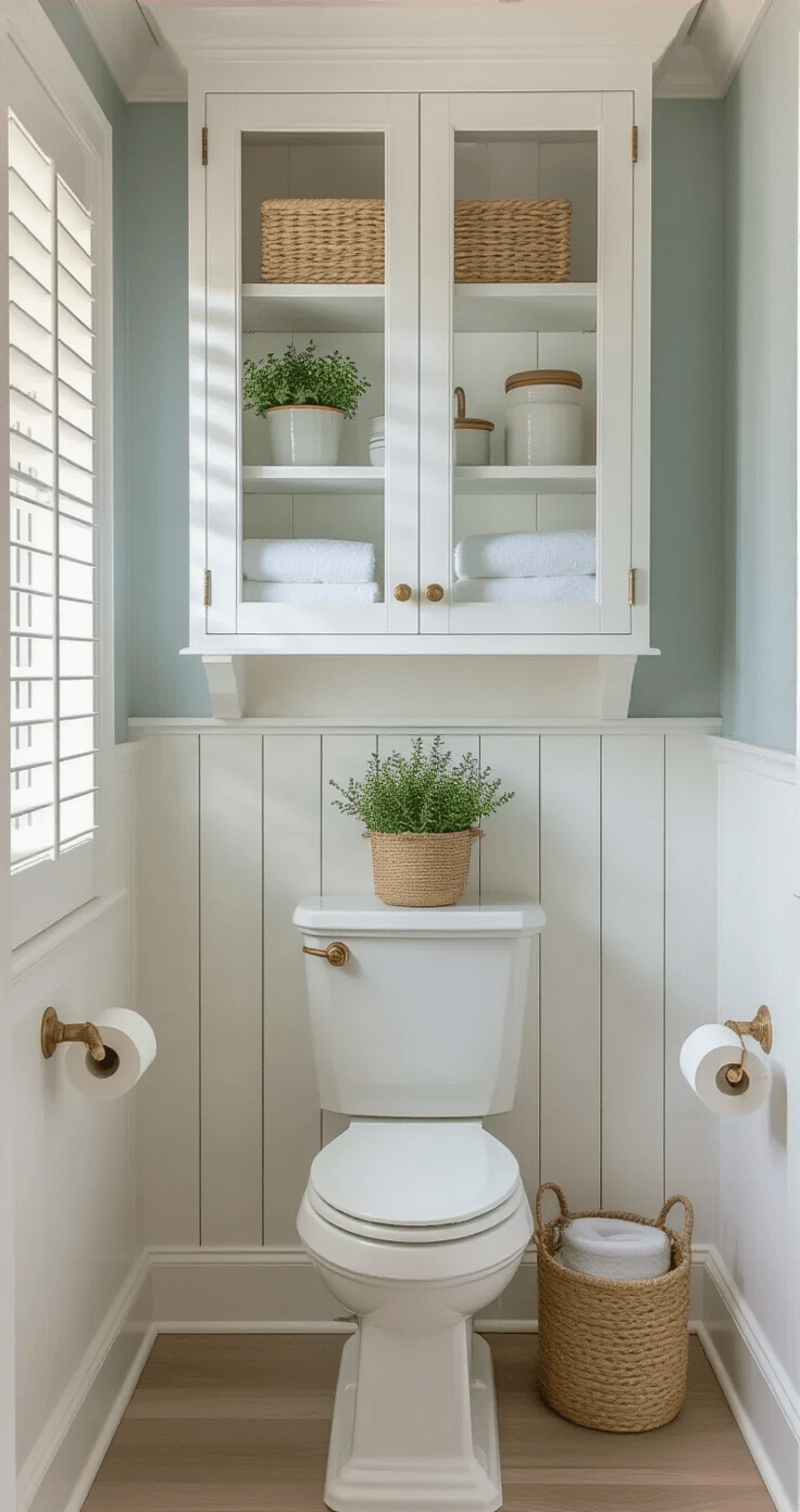 Elegant overhead view of a white shiplap cabinet with glass doors above a classic toilet, showcasing folded linens and herbs, surrounded by board-and-batten wainscoting and pale blue-gray walls, with soft afternoon light creating striped shadows.