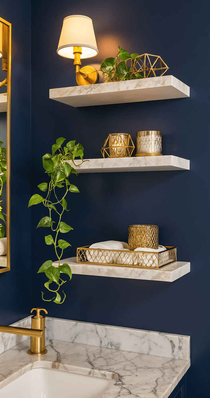 Moody close-up of three-tier floating shelves in a dramatic powder room with a deep navy wall, showcasing brass and glass decor, trailing pothos, and a marble countertop, illuminated by warm LED lighting.