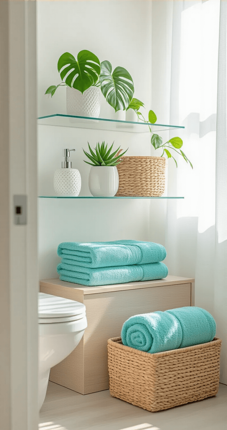 Bright and airy summer bathroom shelf styled above a toilet with floating glass shelves featuring a small monstera plant, white ceramic planters, rolled turquoise towels, and natural woven baskets. Soft morning sunlight filters through sheer curtains, illuminating the clean white walls and light wood vanity, creating a fresh aesthetic with a breezy coastal vibe.