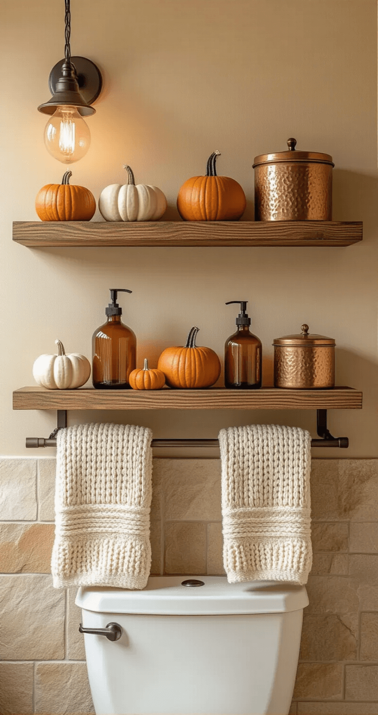 Cozy autumn-themed bathroom shelf display featuring wooden floating shelves adorned with small pumpkins, amber glass bottles, and cream chunky-knit towels, set against warm beige walls and natural stone tile. Copper storage containers and gentle pendant lighting enhance the inviting atmosphere with rich autumn colors.