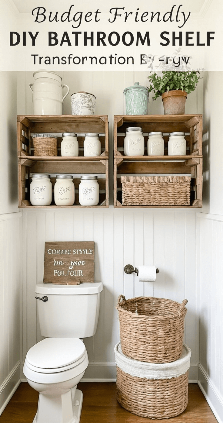 Budget-friendly DIY bathroom shelf transformation featuring repurposed wooden crates mounted above a toilet, styled with vintage mason jars, painted ceramic pots, and upcycled baskets against white beadboard walls, illuminated by bright studio lighting to highlight the creative before-and-after potential.