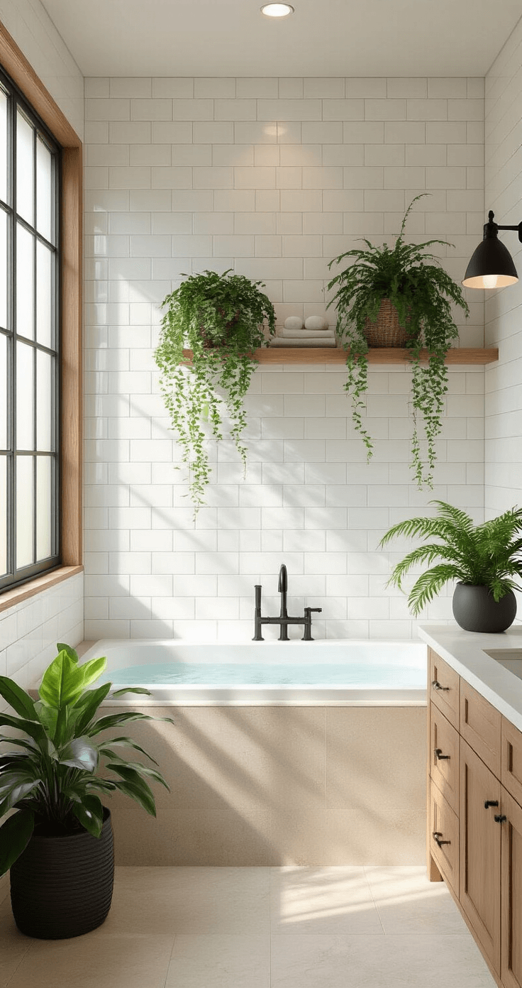 Photorealistic spa-like bathroom featuring floor-to-ceiling white subway tiles, large soaking tub, and lush greenery, illuminated by soft morning light through a frosted glass window.