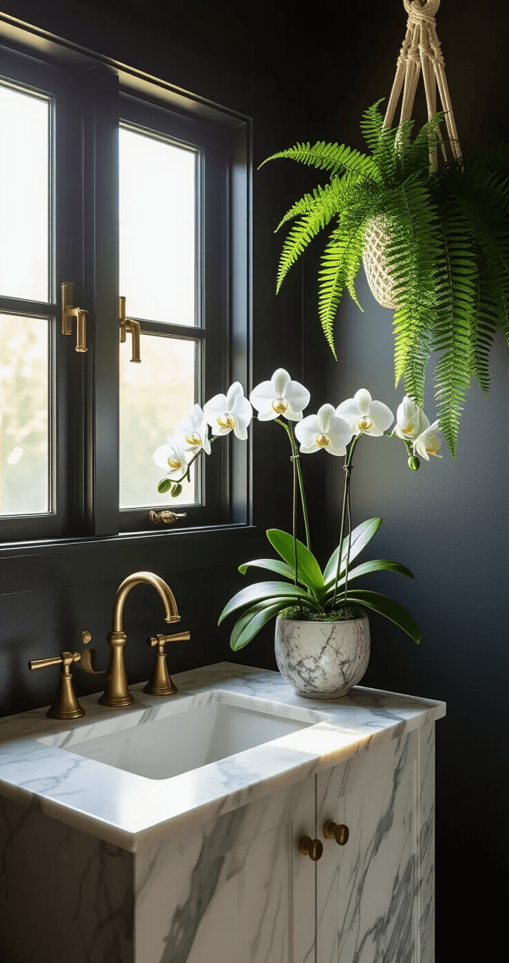 Intimate bathroom corner vignette showcasing moisture-loving plants in warm golden hour light. Features include elegant white orchids on a marble pedestal, cascading Boston fern from a macrame hanger, and glossy Monstera leaves against dark charcoal walls with brass accents. Dramatic side-lighting and rich textile elements enhance the luxurious botanical ambiance.