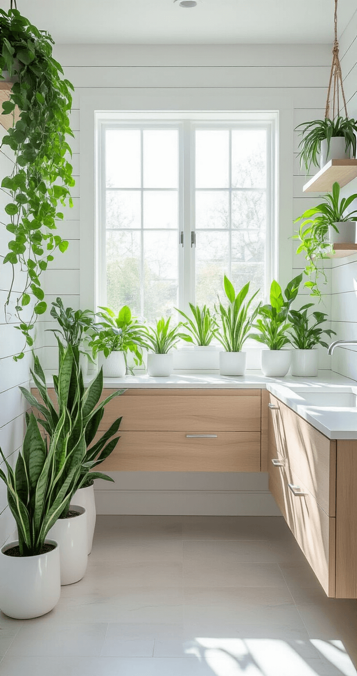 Bright contemporary bathroom with natural daylight, featuring ZZ plants in white ceramic planters, trailing Pothos from a window shelf, and hanging spider plants. The space has white shiplap walls, polished chrome fixtures, and light oak shelves, all under mid-morning diffused lighting.