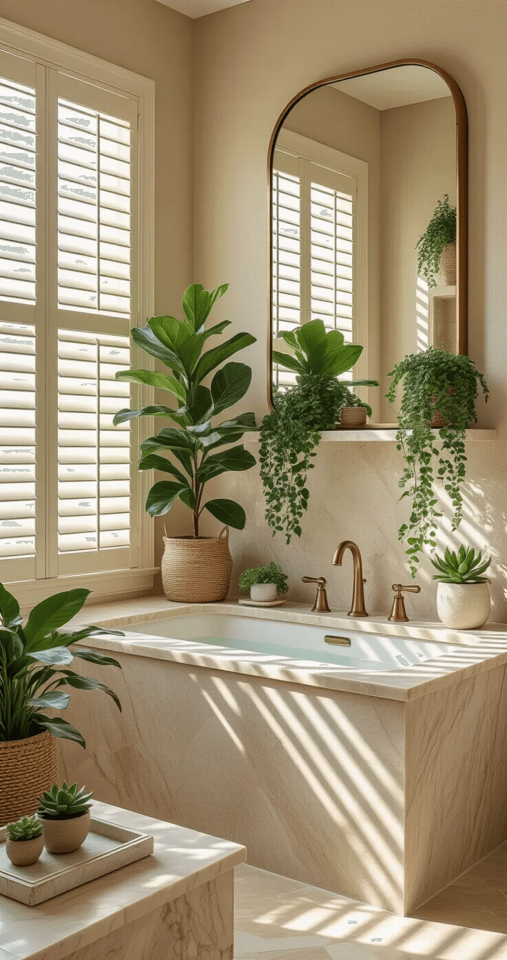 Sophisticated luxury bathroom featuring a marble waterfall countertop, statement mirror, and a curated collection of plants including a tall fiddle leaf fig and cascading ivy, all illuminated by warm afternoon light through plantation shutters, emphasizing a rich cream and sage color palette with brass accents.