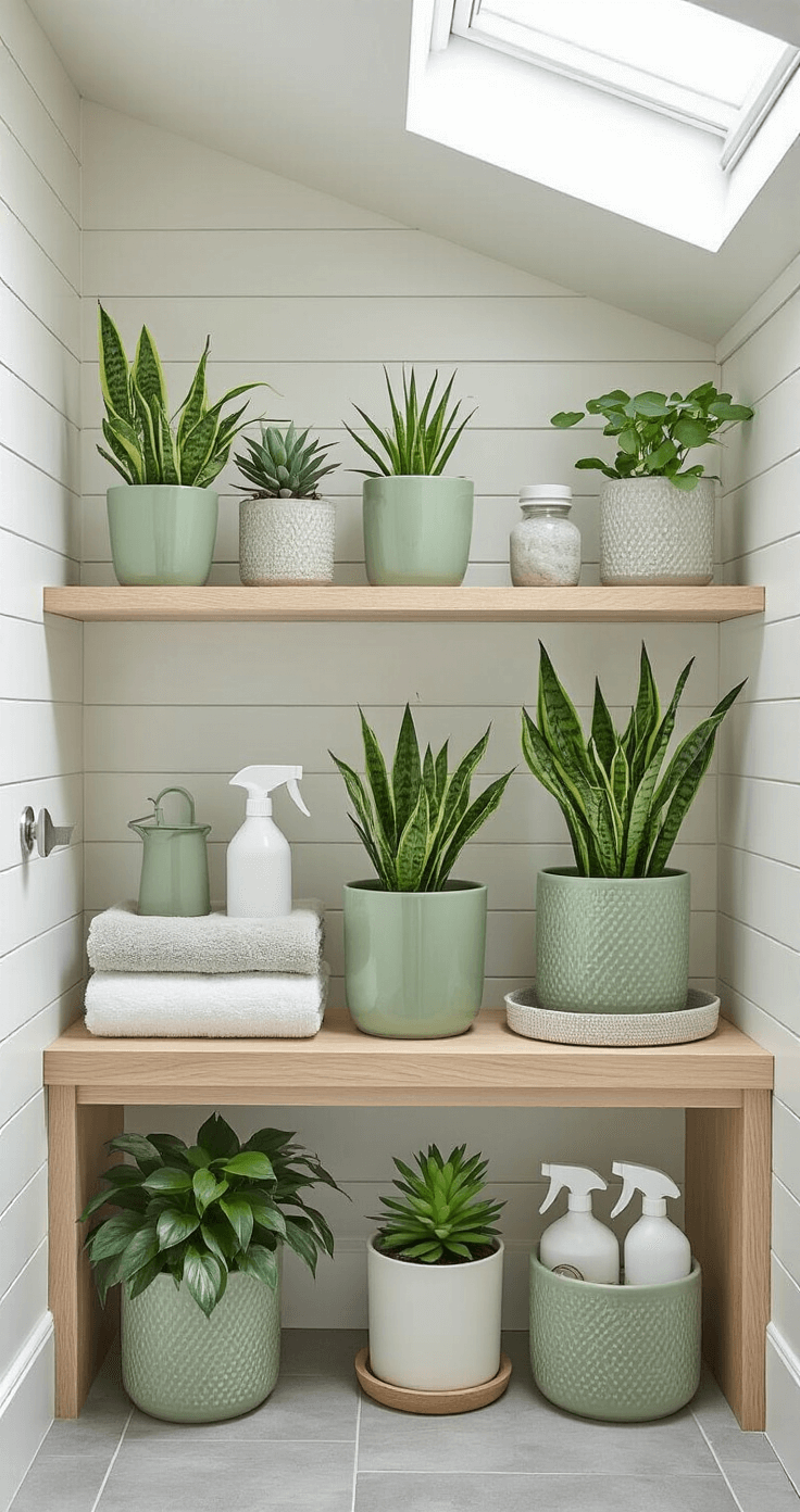 Cozy bathroom maintenance station featuring low-maintenance plants in sage green pots, natural lighting from a skylight, and organized plant care essentials on open shelving against a backdrop of white walls and gray tile flooring.