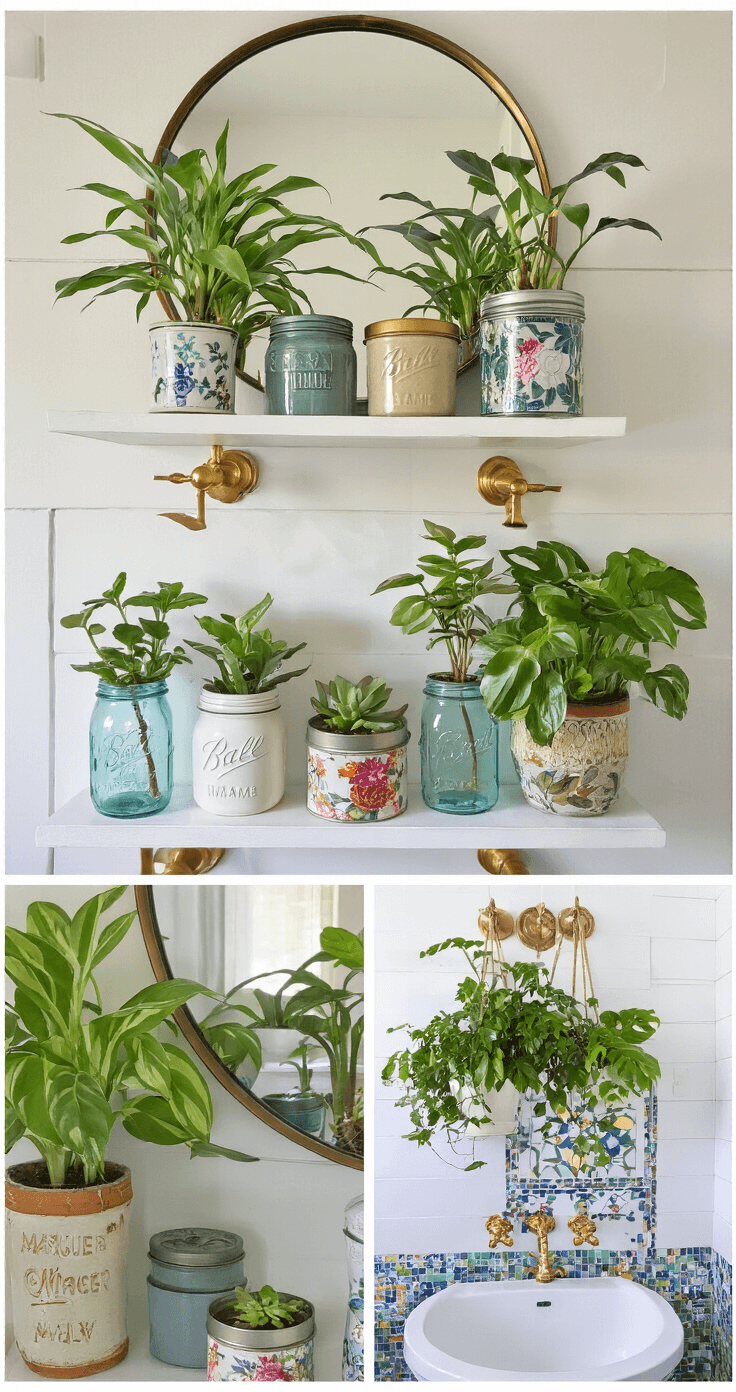 Budget-friendly bathroom decor featuring plants in repurposed containers, displayed on floating shelves, with strategically placed mirrors and LED grow lights in a small urban space with white walls and colorful mosaic tiles.