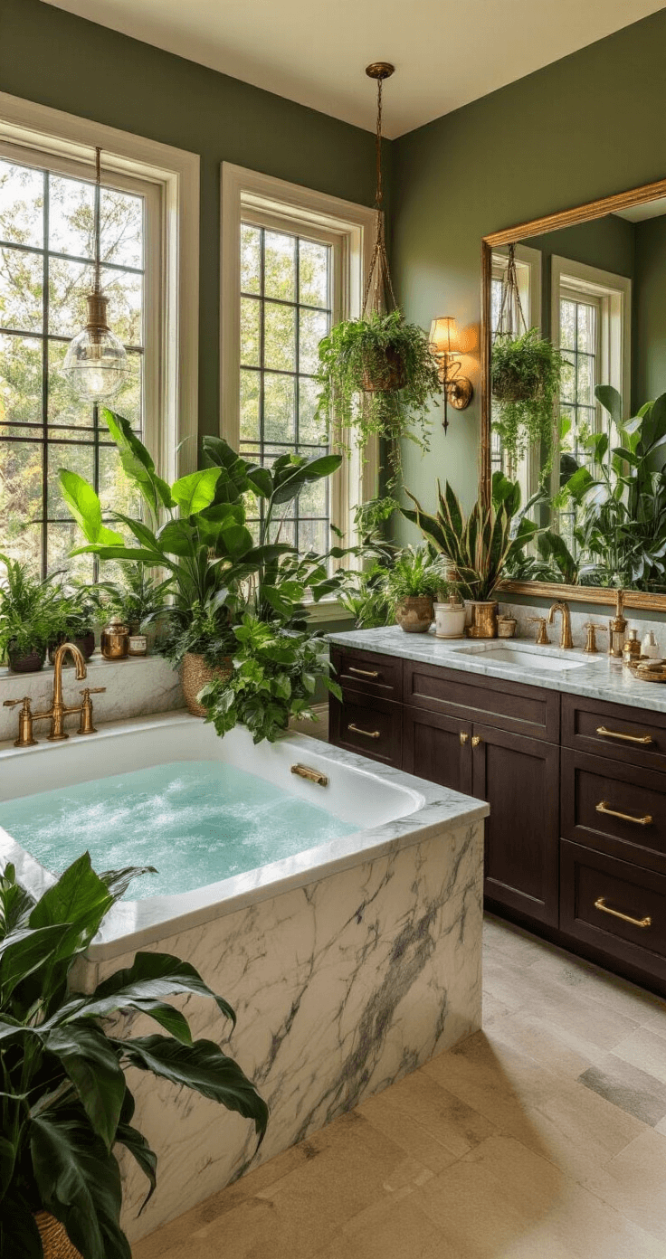 Luxurious master bathroom transformed into a botanical sanctuary, featuring a soaking tub, glass shower, and an array of plants complemented by premium materials and warm evening light.