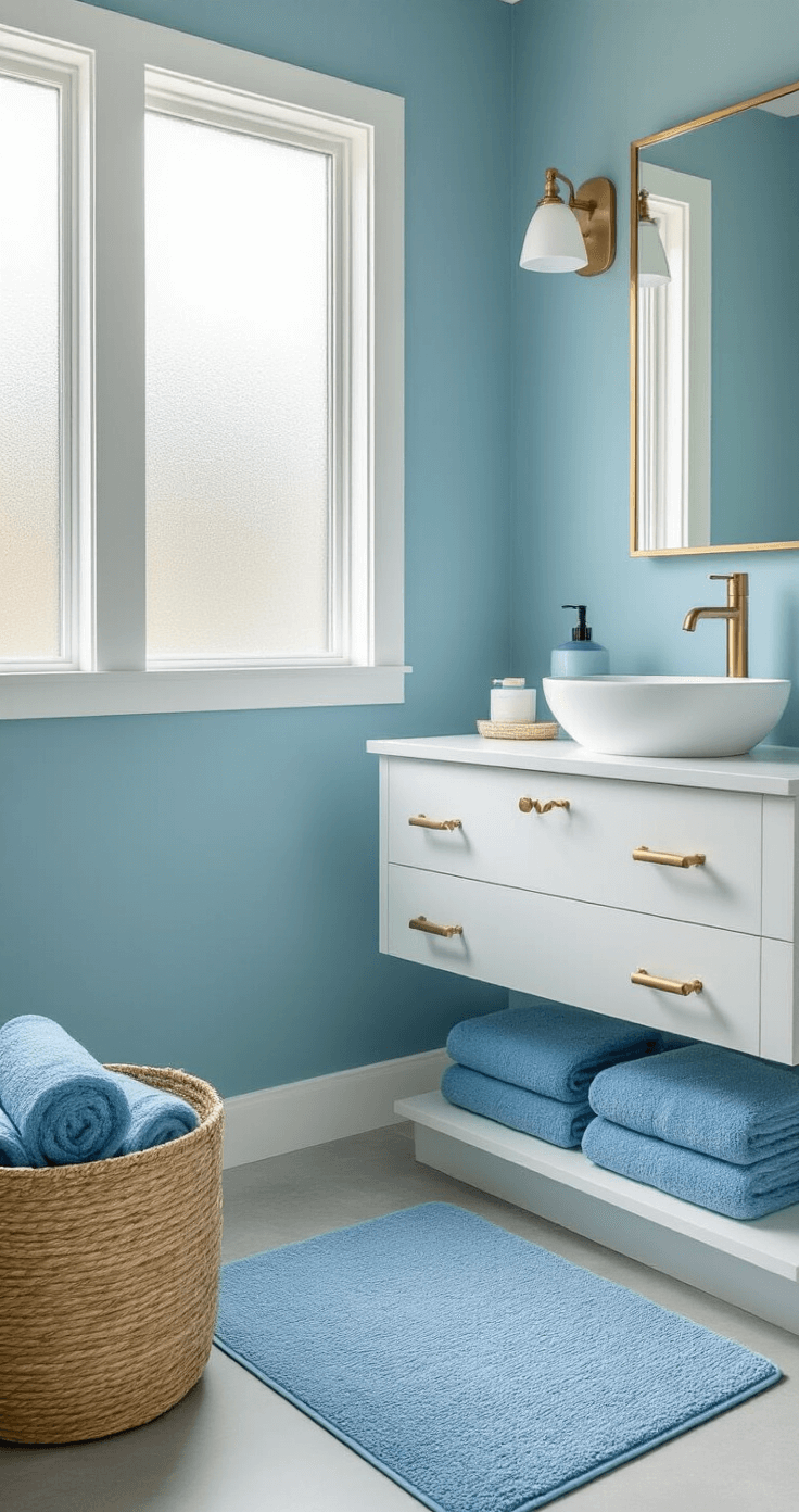 Blue Bathroom Decor: Your Ultimate Guide to Tranquil Bathroom Transformation Spacious modern bathroom featuring a powder blue accent wall, floating white vanity with brass hardware, and soft natural light streaming through a frosted window, creating a serene spa-like atmosphere.