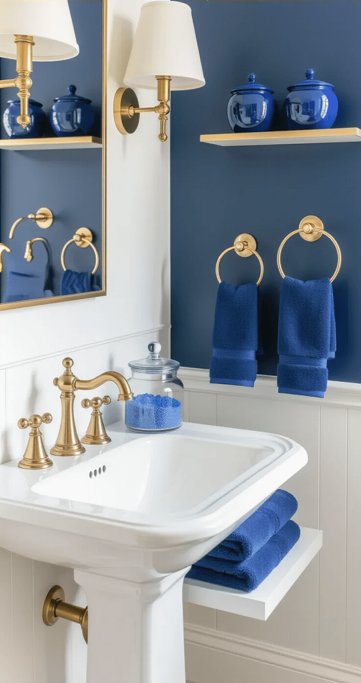 Blue Bathroom Decor: Your Ultimate Guide to Tranquil Bathroom Transformation Intimate powder room featuring a dramatic navy blue wall, white pedestal sink with a gold towel ring, and navy hand towels. The scene includes glass apothecary jars filled with blue bath salts, chrome fixtures, and floating shelves with blue ceramics. The composition is shot from above sink level with soft, diffused lighting for a sophisticated and luxurious ambiance.