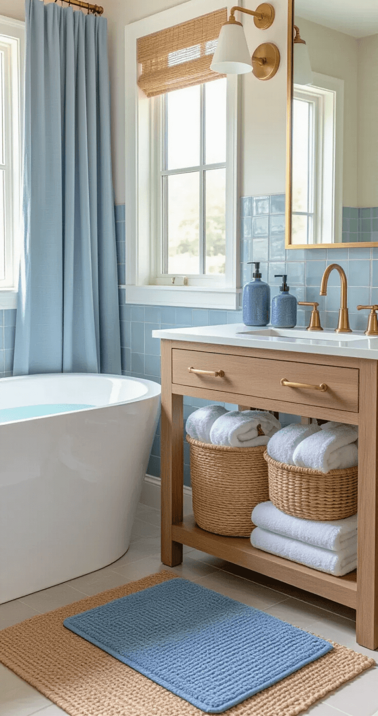 Blue Bathroom Decor: Your Ultimate Guide to Tranquil Bathroom Transformation Large master bathroom featuring a freestanding white tub, textured blue bath mat, and woven baskets with plush towels, highlighted by natural wood vanity with gradient blue ceramic soap dispensers and brass fixtures, all under bright morning light.