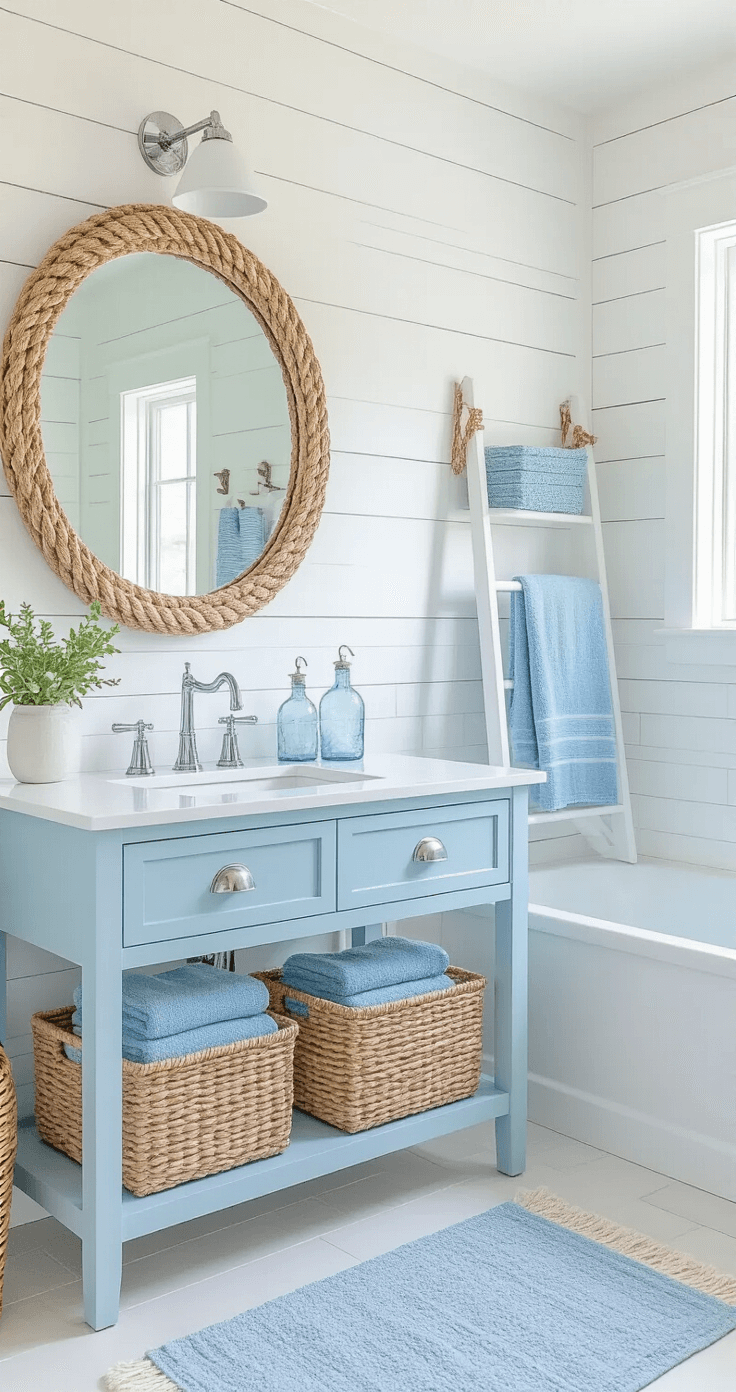 Blue Bathroom Decor: Your Ultimate Guide to Tranquil Bathroom Transformation Coastal-themed bathroom with white shiplap walls, light blue lower half, and crisp white trim; features a floating vanity with chrome fixtures, light blue towels, coastal accessories, woven seagrass baskets, and ample natural light for a bright, airy ambiance.