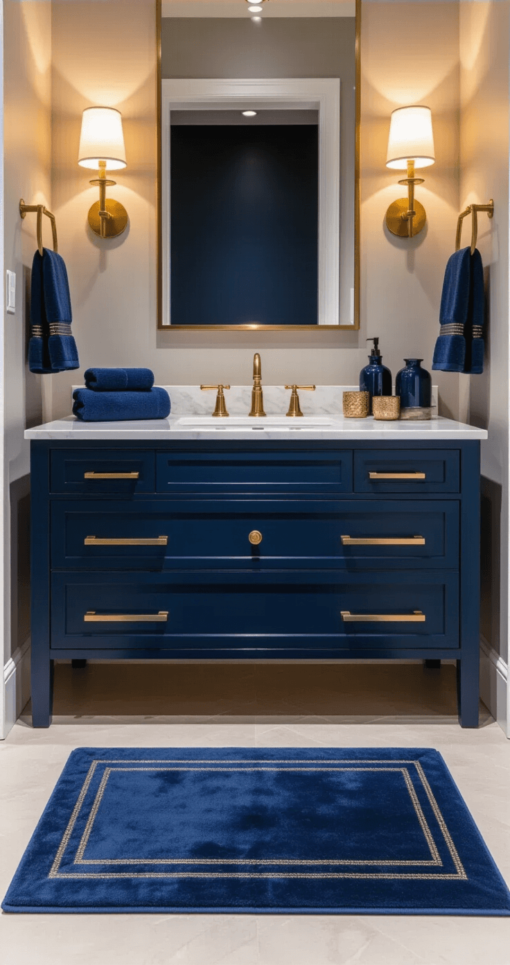 Blue Bathroom Decor: Your Ultimate Guide to Tranquil Bathroom Transformation Contemporary bathroom in warm evening light featuring a deep navy vanity with brass hardware, white marble countertop, and plush navy towels. Layered lighting creates a cozy ambiance, highlighting a velvet blue bath mat, metallic accessories, and ceramic vessels in deep blues, all set against a rich navy and cream color palette.