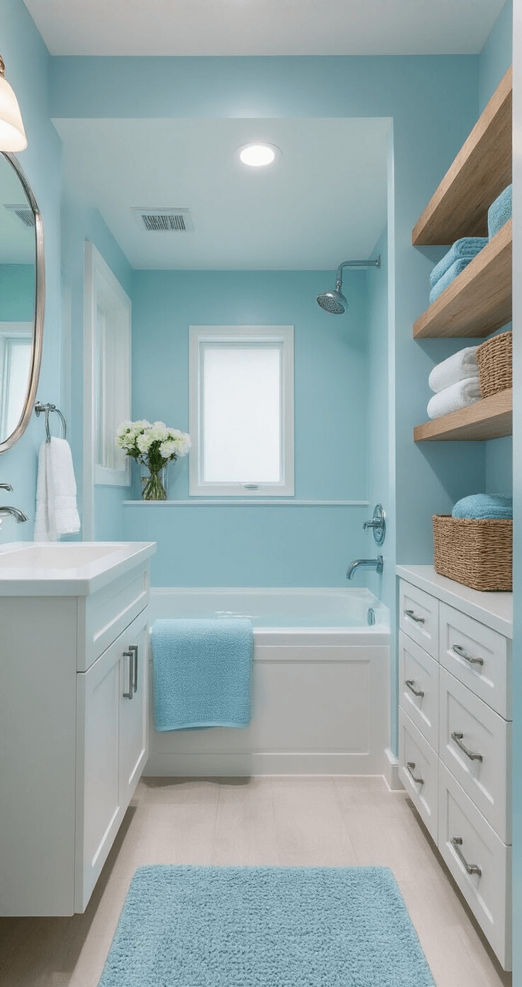 Blue Bathroom Decor: Your Ultimate Guide to Tranquil Bathroom Transformation Overhead shot of a small apartment bathroom showcasing light blue color strategy, large mirror, floating shelves, and white fixtures with chrome accents; features powder blue accessories, smooth ceramics, woven baskets, and soft towels, all styled to enhance the perception of space with bright white and natural wood accents.