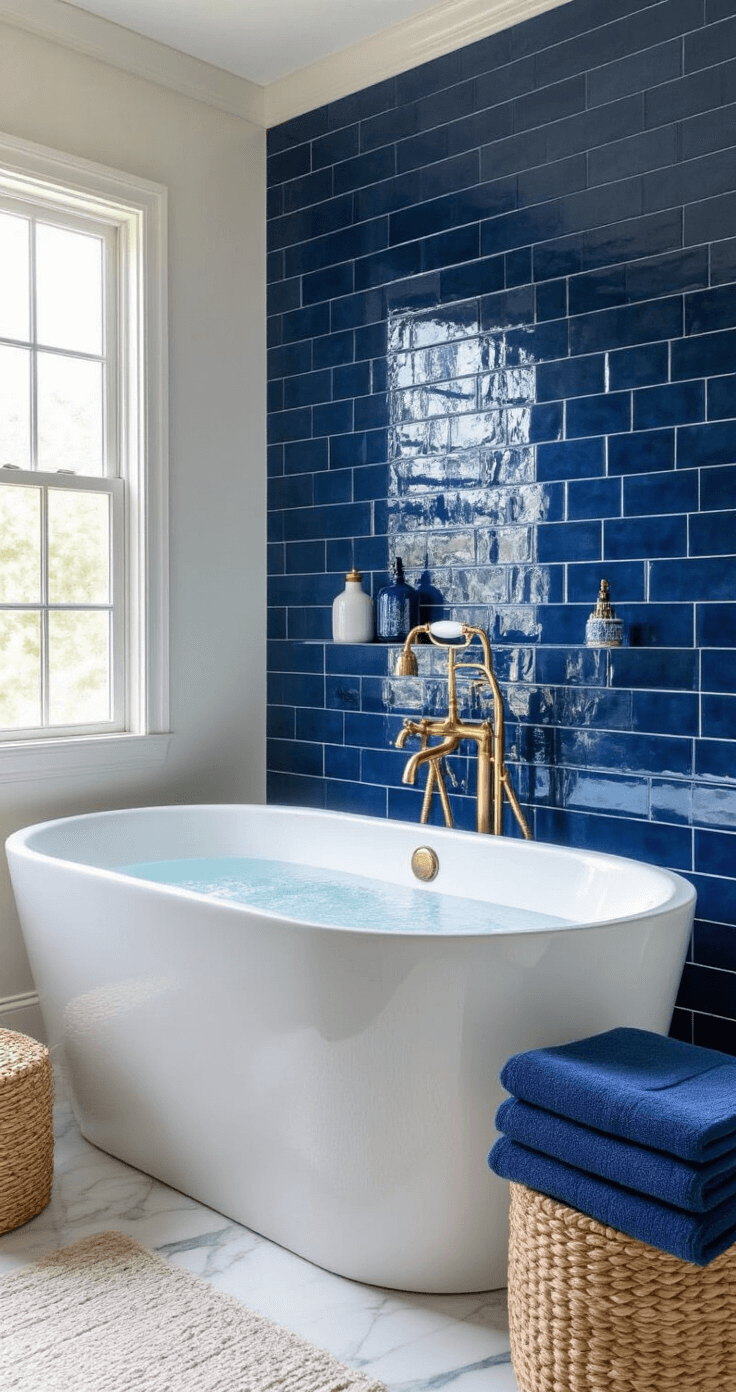 Blue Bathroom Decor: Your Ultimate Guide to Tranquil Bathroom Transformation Luxurious spa-inspired bathroom featuring a statement navy tile wall, white freestanding soaking tub with brass floor-mounted tub filler, accented by blue towels, ceramic accessories, and woven baskets, all captured in soft afternoon light for an elegant and serene ambiance.