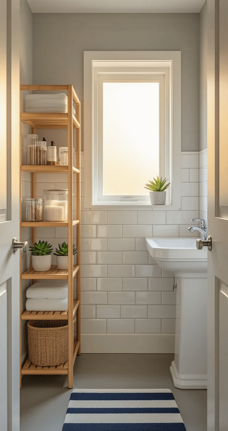 College Bathroom Decor: Transform Your Small Space into a Stylish Sanctuary Photorealistic college dorm bathroom featuring white subway tiles, a frosted glass window, bamboo shelving unit with toiletries, soft grey walls, a white pedestal sink with marble-look countertop, chrome fixtures, and a navy and white striped bath mat on a polished concrete floor, all bathed in warm golden hour light.