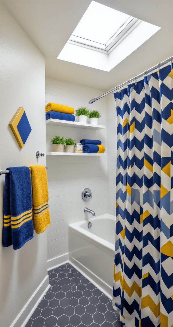 College Bathroom Decor: Transform Your Small Space into a Stylish Sanctuary A small shared college bathroom with white walls and geometric wall decals in school colors, featuring chrome hooks with navy blue and gold towels, a compact corner shower with a geometric shower curtain, floating shelves with colorful towels and plants, and modern hexagonal charcoal grey floor tiles, all illuminated by bright afternoon light through a skylight.