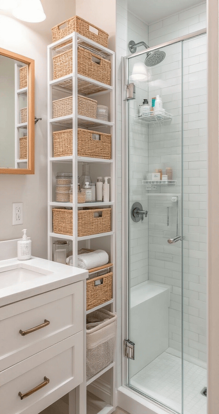 College Bathroom Decor: Transform Your Small Space into a Stylish Sanctuary Ingeniously organized tiny bathroom with multi-tiered over-toilet storage filled with woven baskets, magnetic strips on the mirror holding small tools, hanging mesh organizers on the shower door, and a compact floating vanity, all showcased in soft morning light with a neutral color scheme and an emphasis on vertical storage.