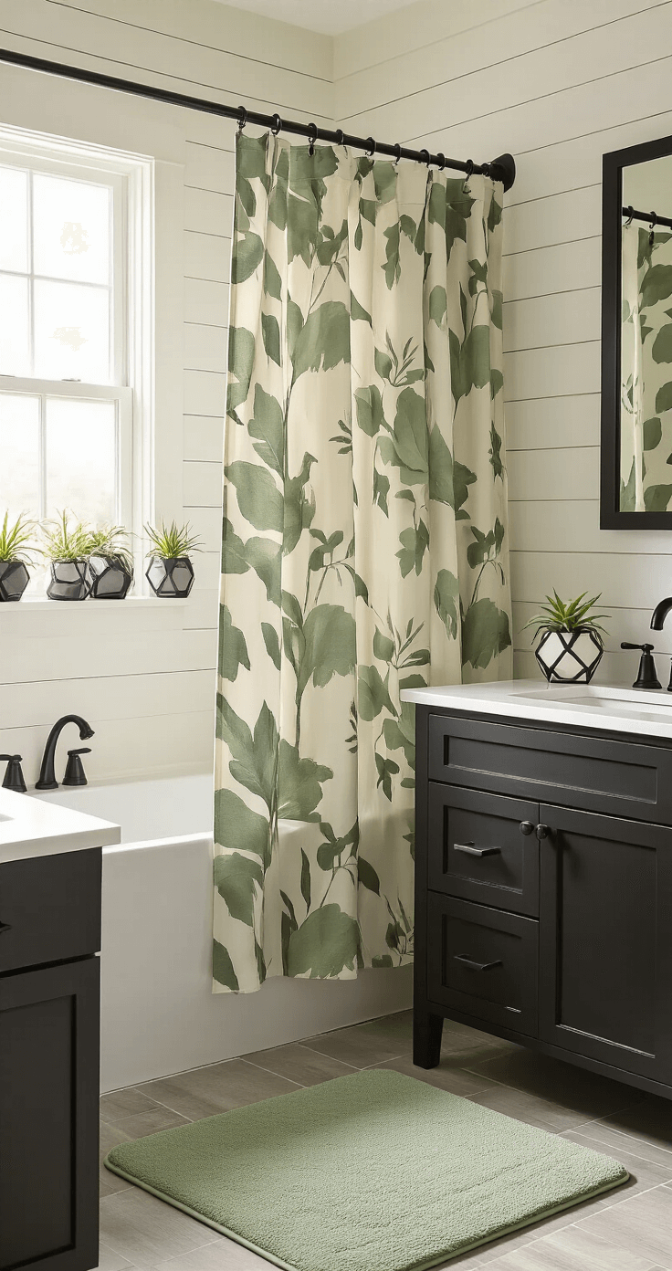 College Bathroom Decor: Transform Your Small Space into a Stylish Sanctuary Stylish college bathroom with sage green and cream botanical shower curtain, coordinating plush bath mat, matte black accessory set on marble countertop, geometric air plant planters, and a white shiplap accent wall, captured in warm afternoon light.