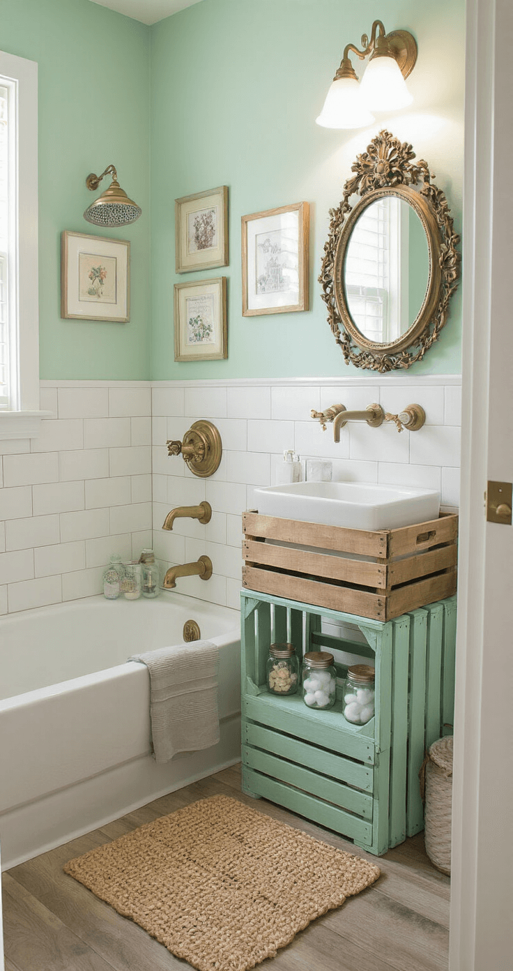 College Bathroom Decor: Transform Your Small Space into a Stylish Sanctuary Budget-friendly college bathroom filled with thrift store finds and DIY elements, illuminated by natural morning light. Features vintage brass fixtures, modern white ceramics, a repurposed mint green wooden crate as shelving, a vintage-style ornate mirror, mason jars with cotton swabs and bath salts, a woven jute bath mat, and a gallery wall of small framed prints. Shot from a doorway at a slight upward angle, showcasing a warm and inviting space with wood-look vinyl flooring.