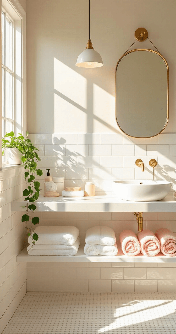 College Bathroom Decor: Transform Your Small Space into a Stylish Sanctuary A stylish college bathroom featuring white penny tile walls, a minimalist floating vanity with a vessel sink and gold fixtures, ombre rolled towels on open shelving, a trailing pothos plant, and a modern geometric mirror, all illuminated by golden hour light creating dramatic shadows.