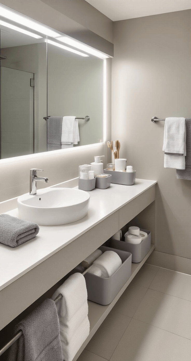 College Bathroom Decor: Transform Your Small Space into a Stylish Sanctuary A modern college bathroom designed for easy maintenance, featuring bright LED lighting, seamless porcelain tiles, quartz-look countertops, and a stylish vessel sink with a touchless faucet. Quick-dry microfiber towels hang on a heated towel rack, complemented by matched cleaning tools in a chic caddy. The layout emphasizes durability and hygiene with antimicrobial accessories and organized, wipeable containers, all captured from a slight overhead angle in crisp, clinical lighting.